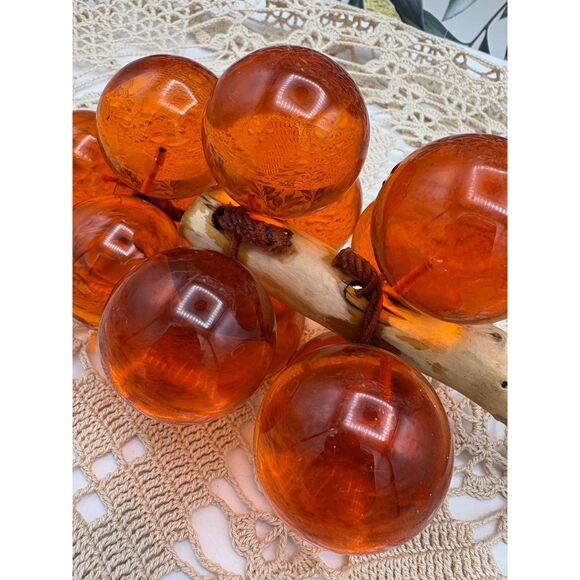 Vintage MCM Amber Orange Lucite Grape Cluster Large Bamboo Stem - Picture 3 of 9